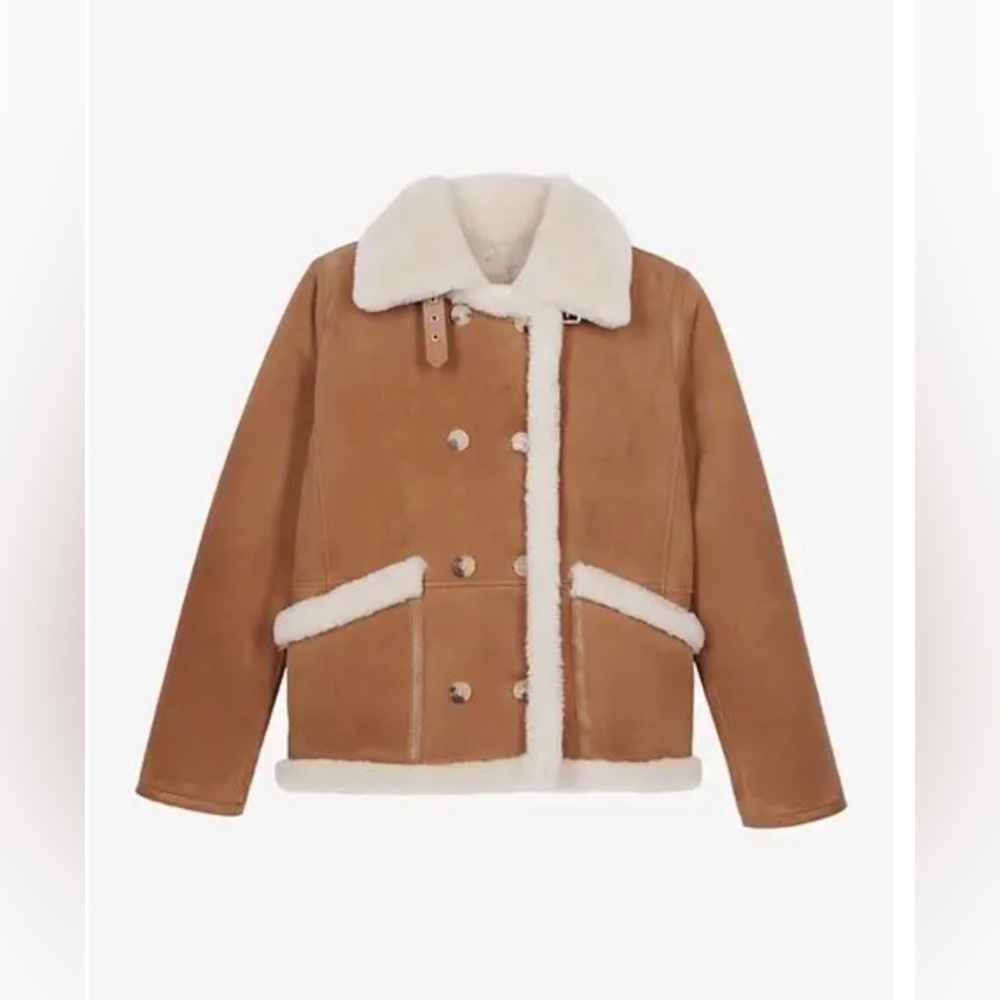 THE KOOPLES Double-Breasted Shearling-Trim Leather Jacket in Brown-Beige Size M